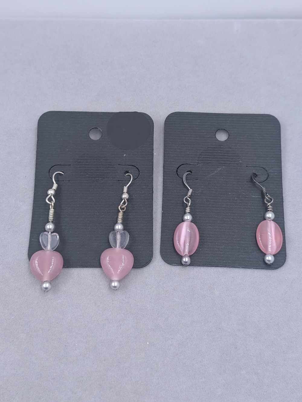 2 Pair Pink Cat Eye Heart Beaded Dangle Earrings Silver Tone | 1131